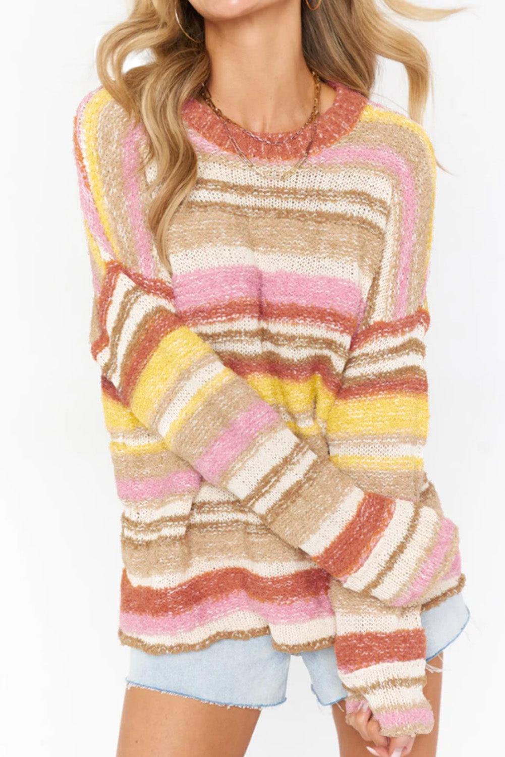 Multicolor Striped Knit Drop Shoulder Sweater - L & M Kee, LLC