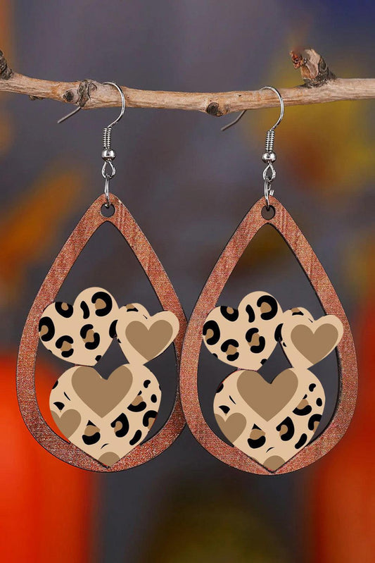 Coffee Leopard Heart Shape Hollowed Drop Earrings - L & M Kee, LLC