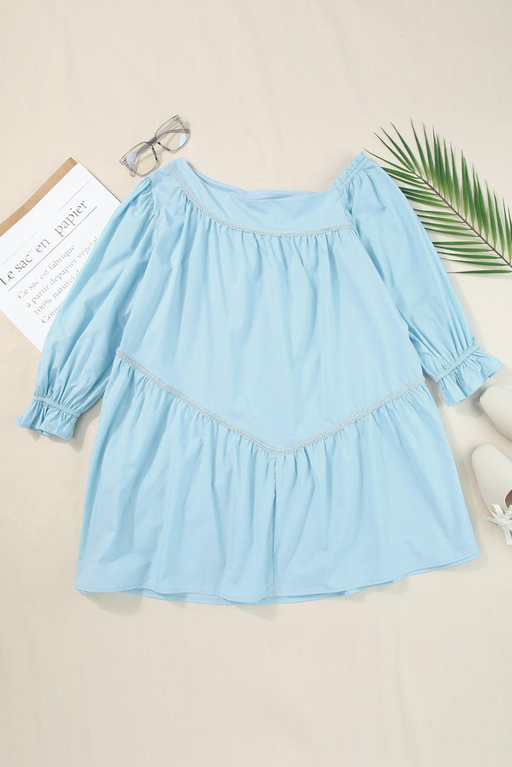 Sky Blue Exquisite Trim Puff Sleeve Asymmetric Swing Mini Dress - L & M Kee, LLC