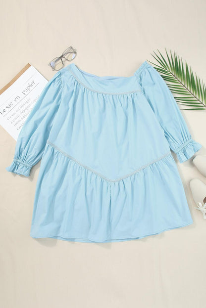 Sky Blue Exquisite Trim Puff Sleeve Asymmetric Swing Mini Dress - L & M Kee, LLC