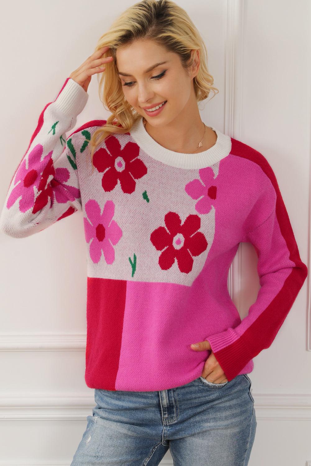 Rose Red Floral Mixed Color Block Sweater - L & M Kee, LLC