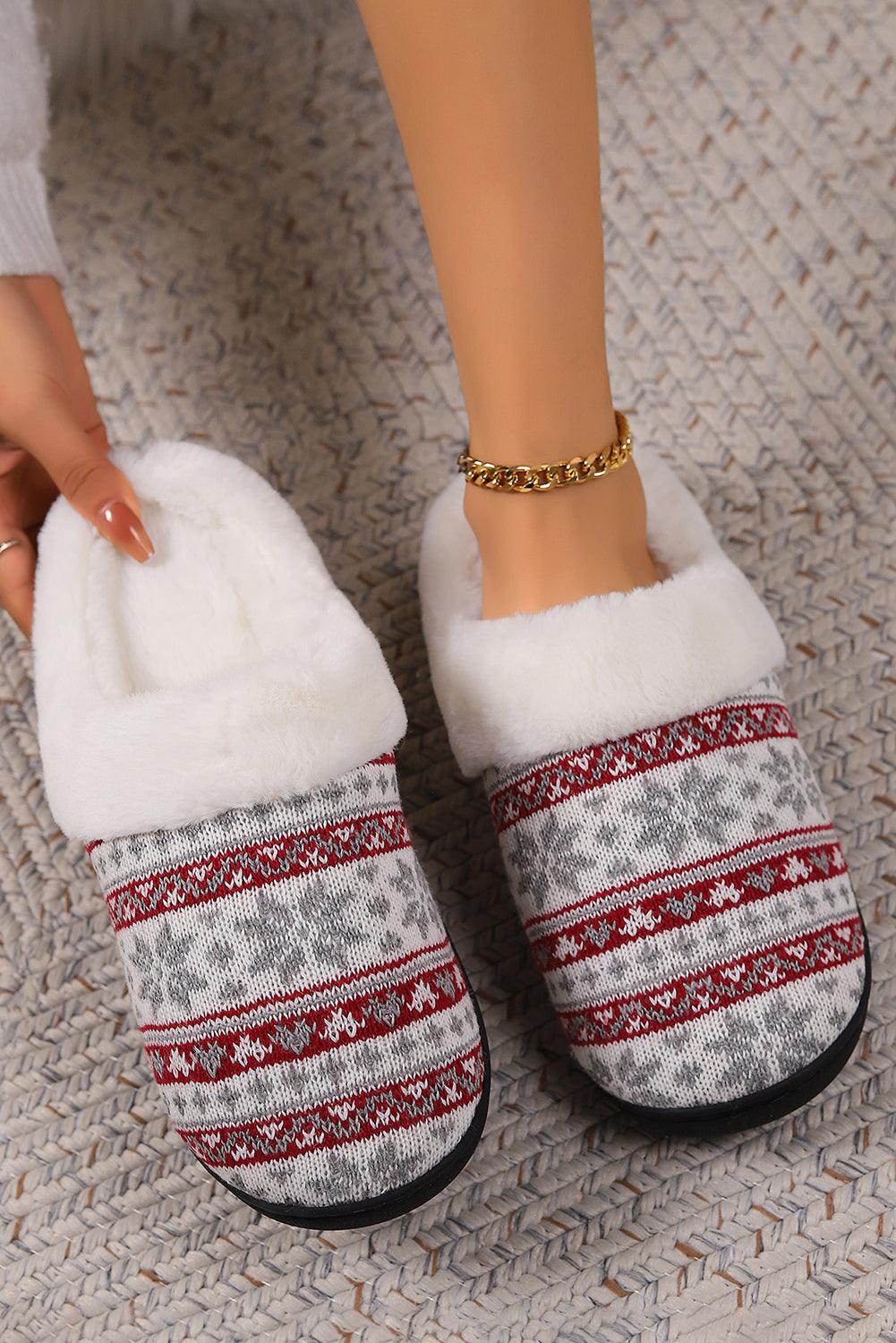 White Snowflake Pattern Knitted Plush Home Slippers - L & M Kee, LLC