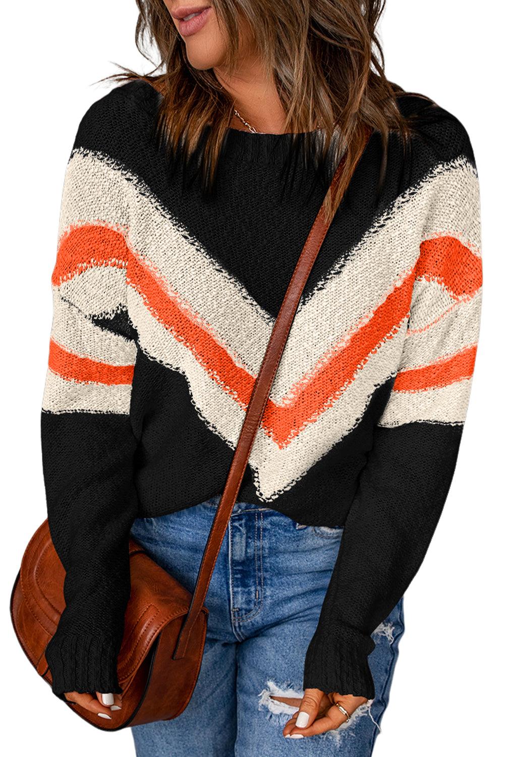 Black Chevron Striped Drop Shoulder Sweater - L & M Kee, LLC