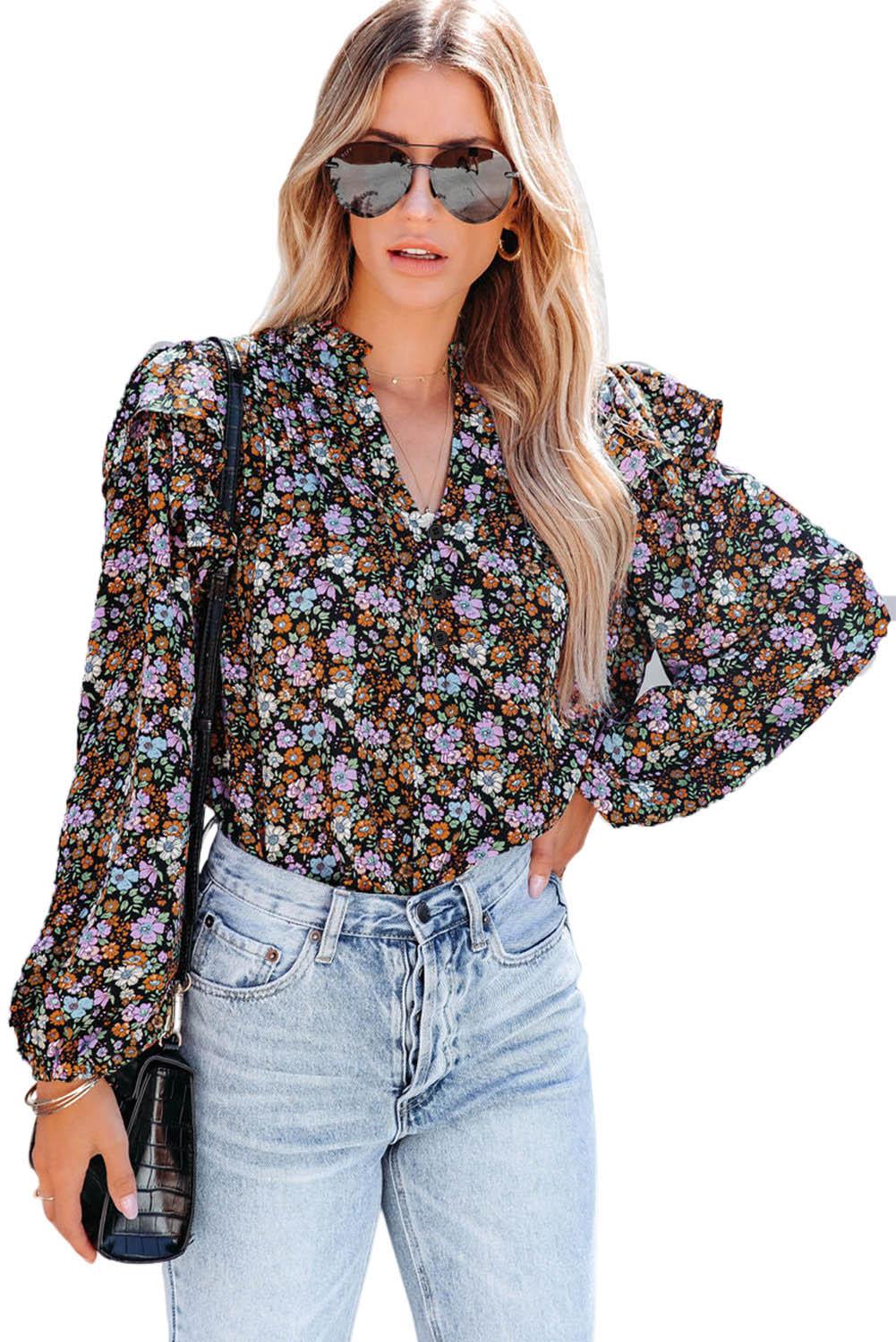 Floral Print Ruffled Bubble Sleeve Shirt - L & M Kee, LLC