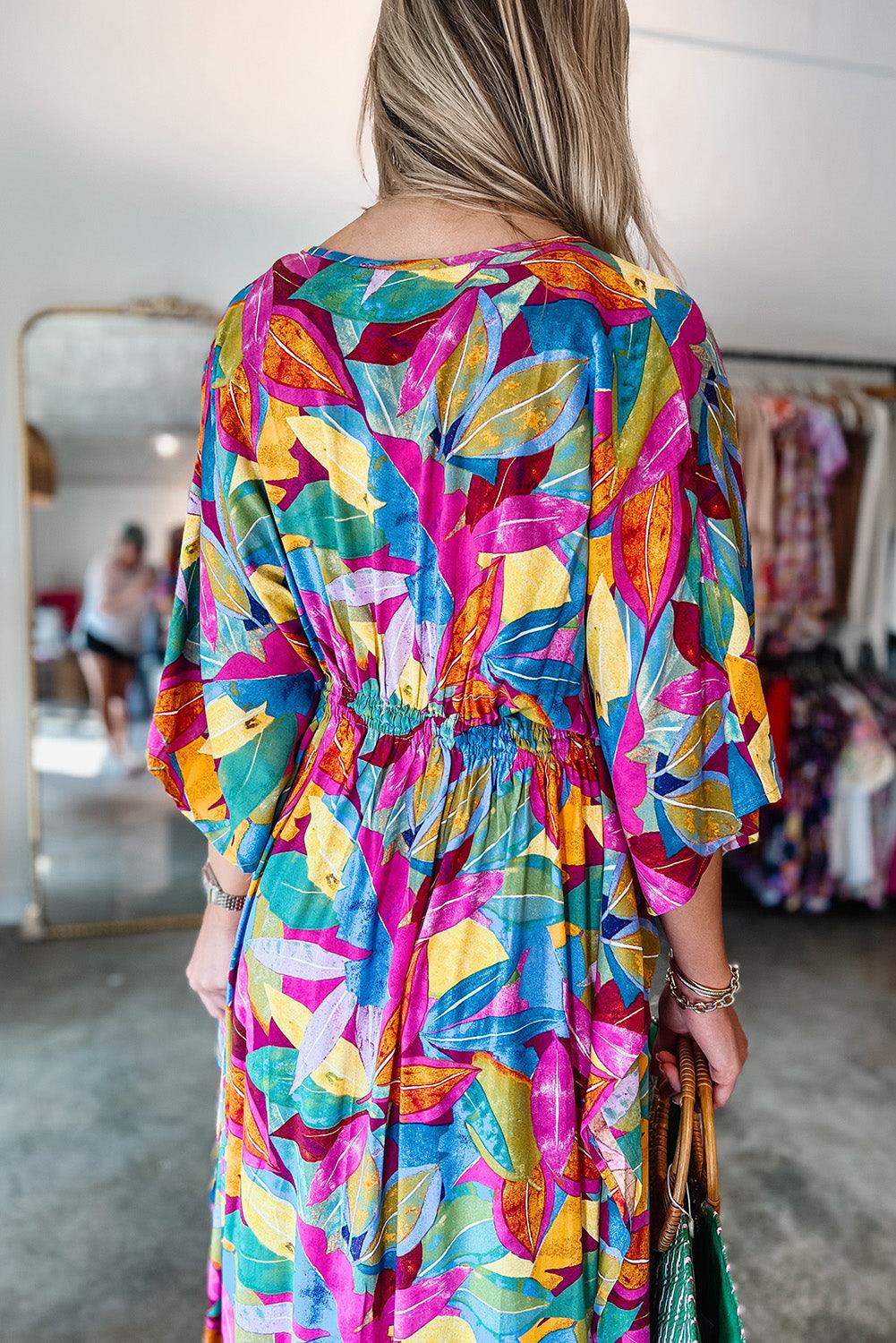 Multicolour Abstract Print High Waist V Neck Maxi Dress - L & M Kee, LLC