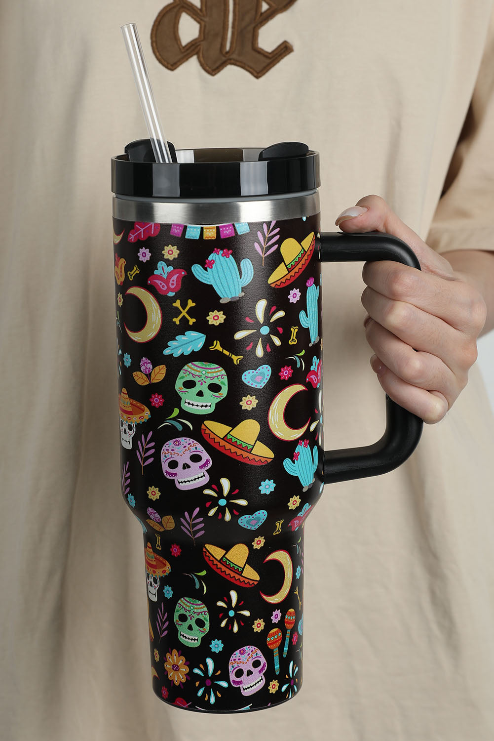 Black Halloween Pattern Print Handle Vacuum Cup 40oz