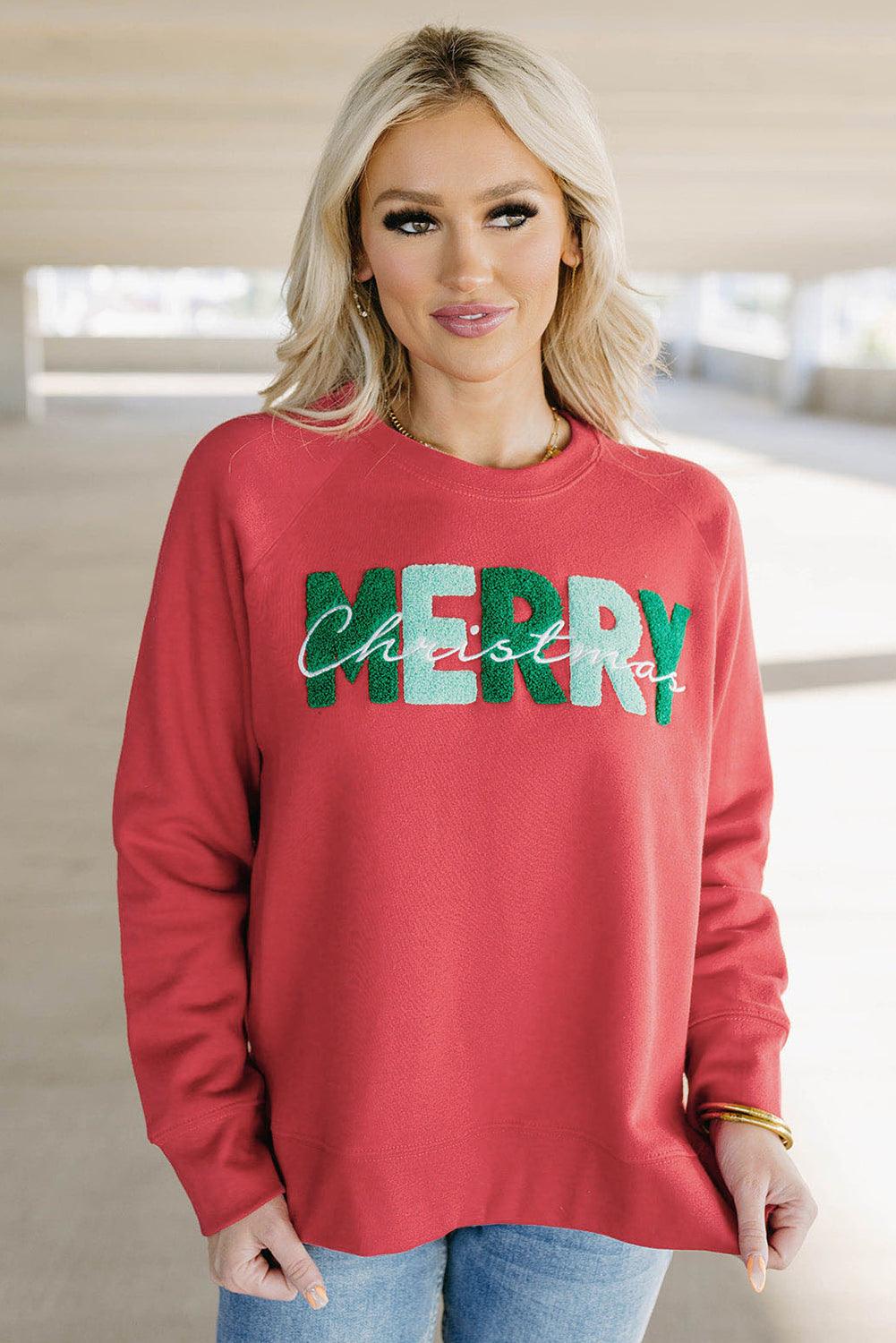Fiery Red Chenille MERRY Christmas Raglan Sleeve Sweatshirt - L & M Kee, LLC