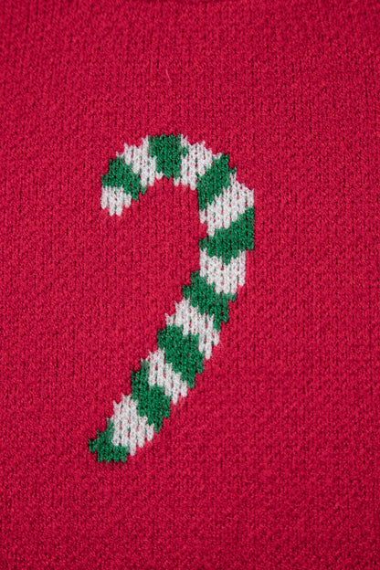 Racing Red Christmas Candy Cane Holiday Drop Shoulder Sweater