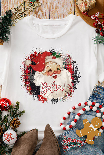 White Believe Christmas Father Graphic Crewneck T Shirt