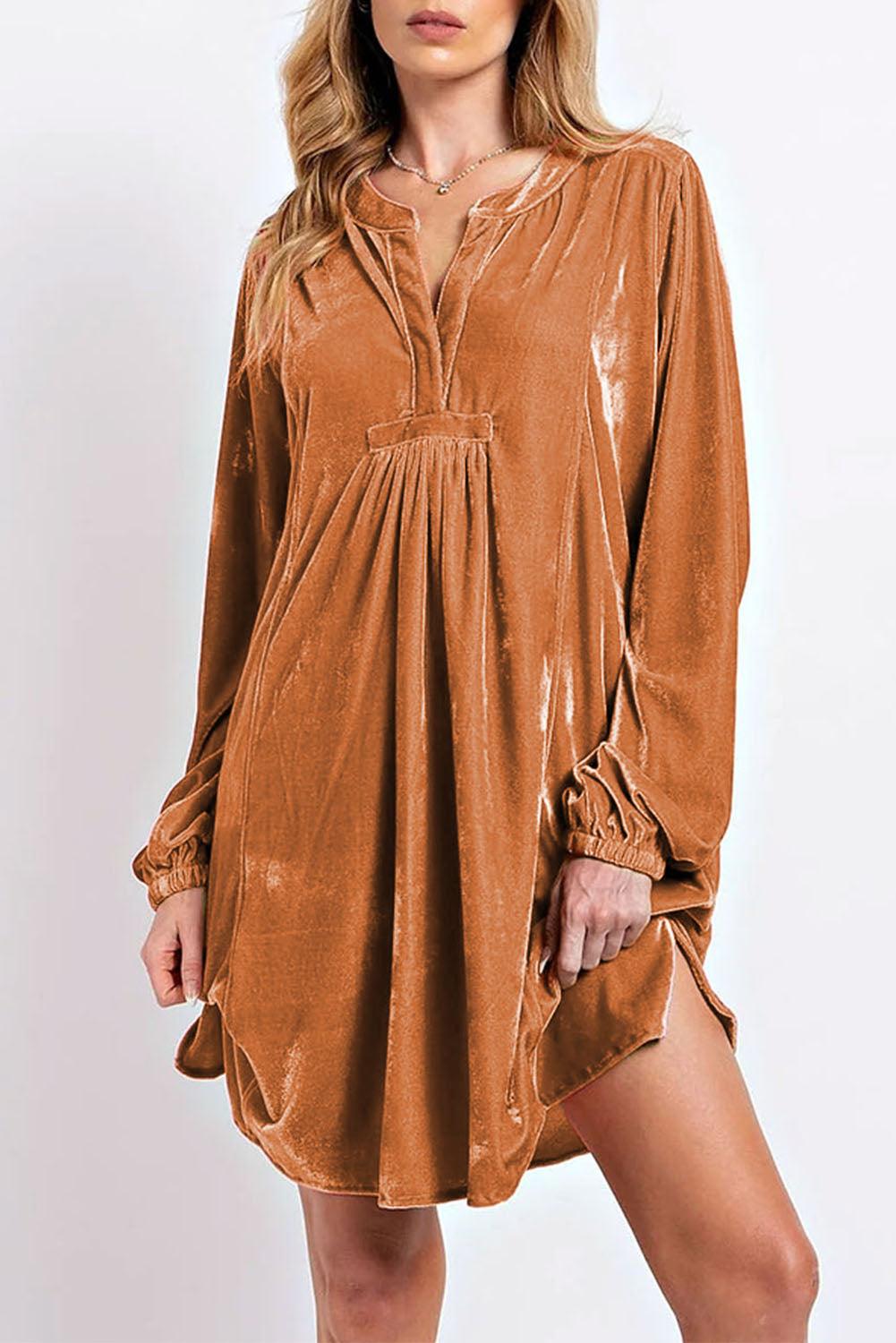 Chestnut Split Neck Velvet Tunic Dress - L & M Kee, LLC