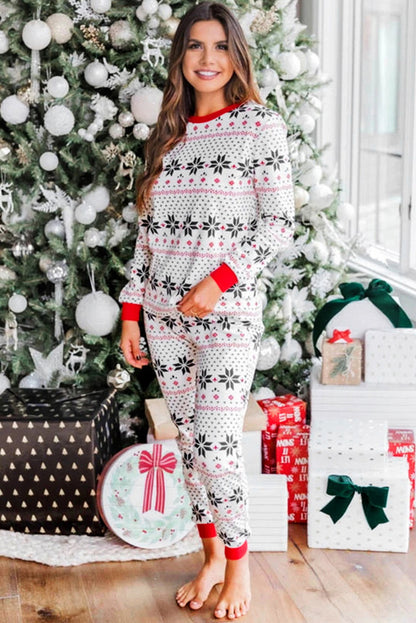 White Christmas Snowflake Print Slim Fit Two Piece Lounge Set