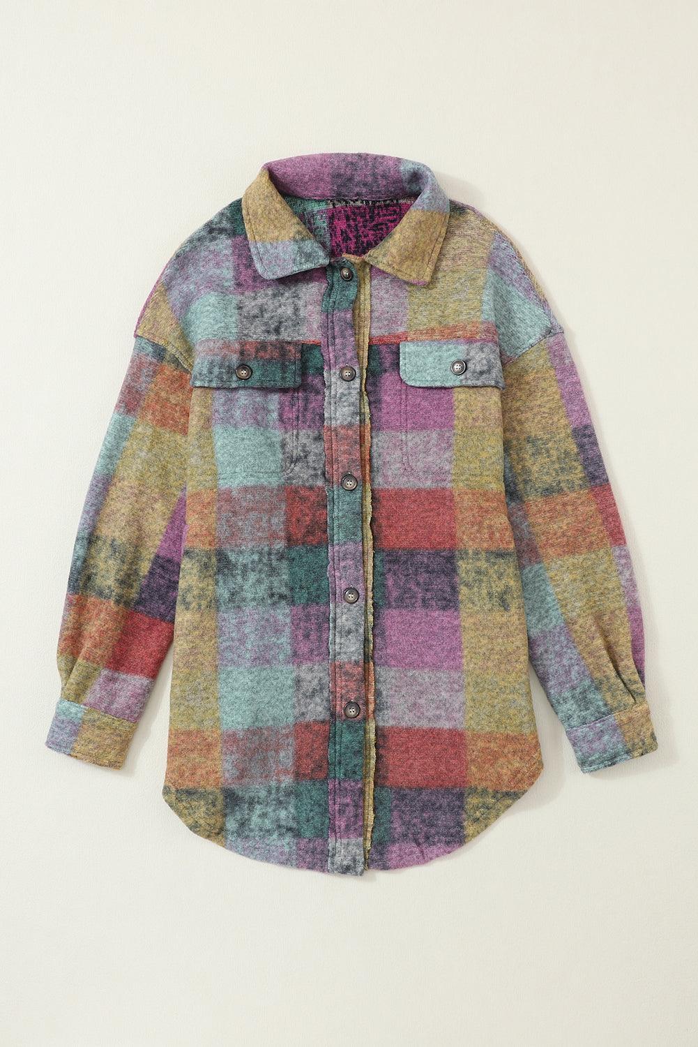 Multicolor Brushed Plaid Pocketed Oversize Shacket - L & M Kee, LLC