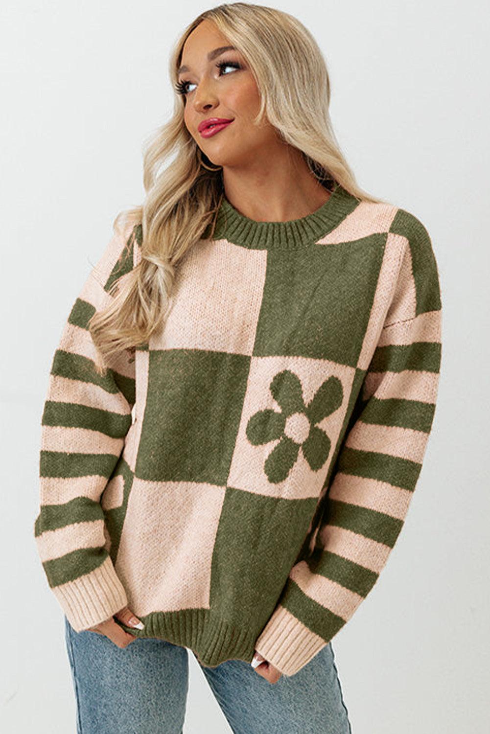 Brown Checkered Floral Print Striped Sleeve Sweater - L & M Kee, LLC