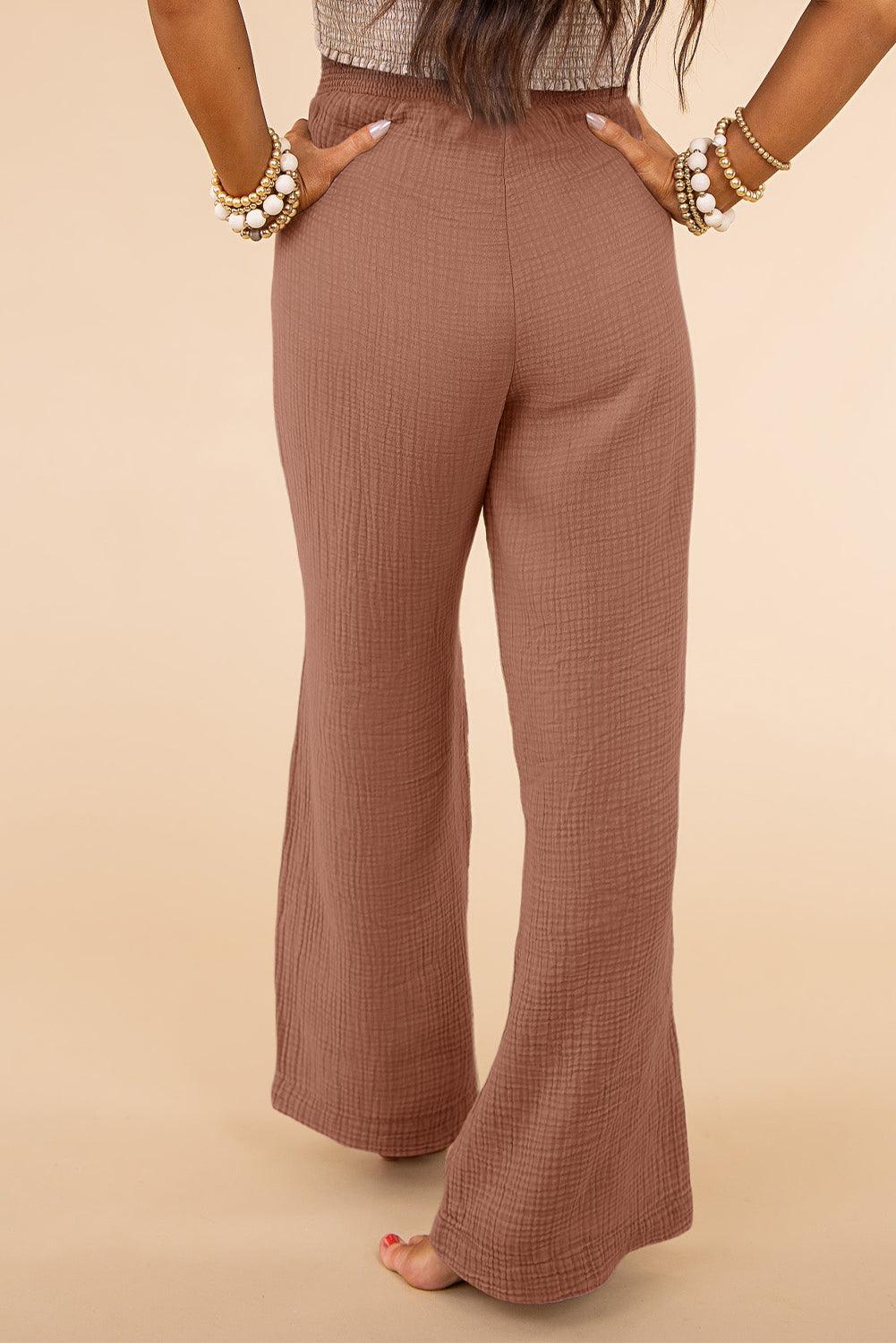 Khaki Textured High Waist Wide Leg Plus Size Pants - L & M Kee, LLC