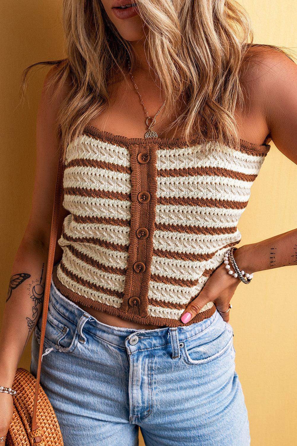 Chestnut Striped Buttoned Cropped Knitted Vest - L & M Kee, LLC