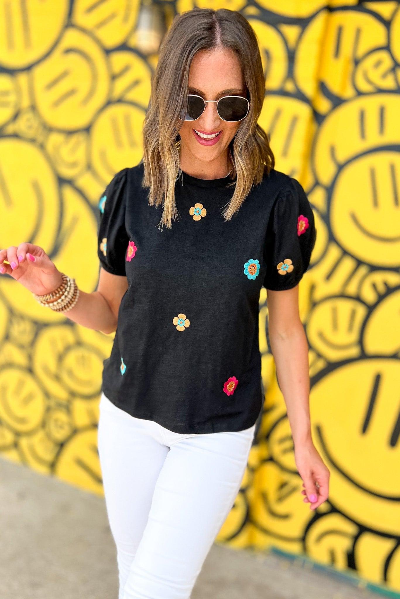 Black Embroidered Flower Short Puff Sleeve Tee - L & M Kee, LLC