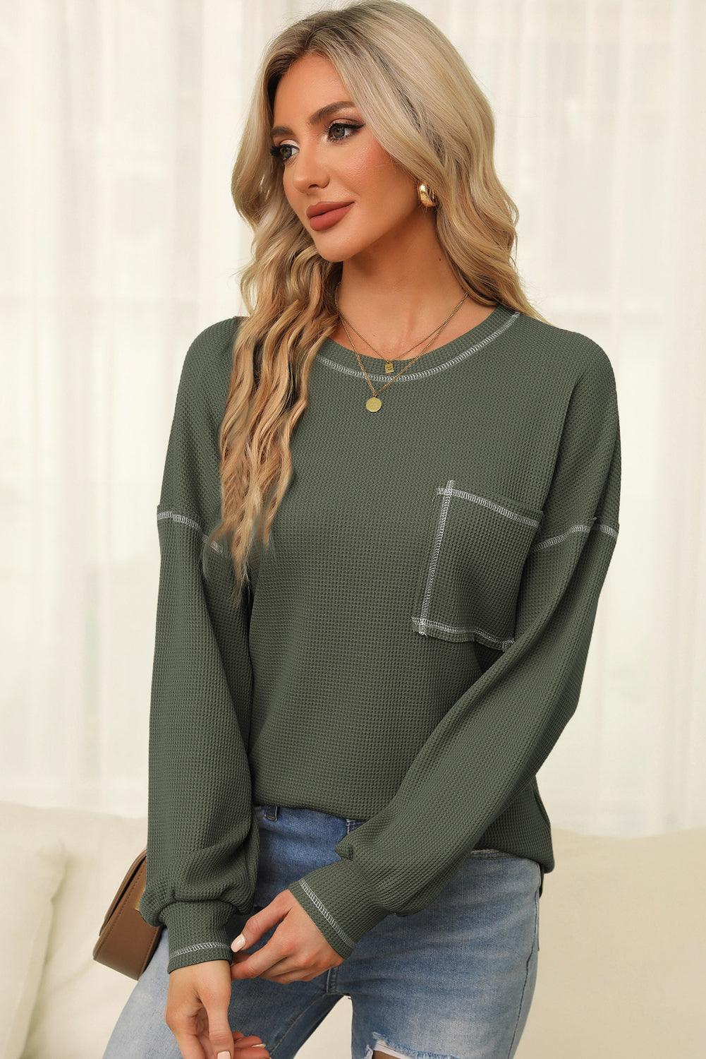 Mist Green Contrast Exposed Stitching Waffle Knit Blouse - L & M Kee, LLC