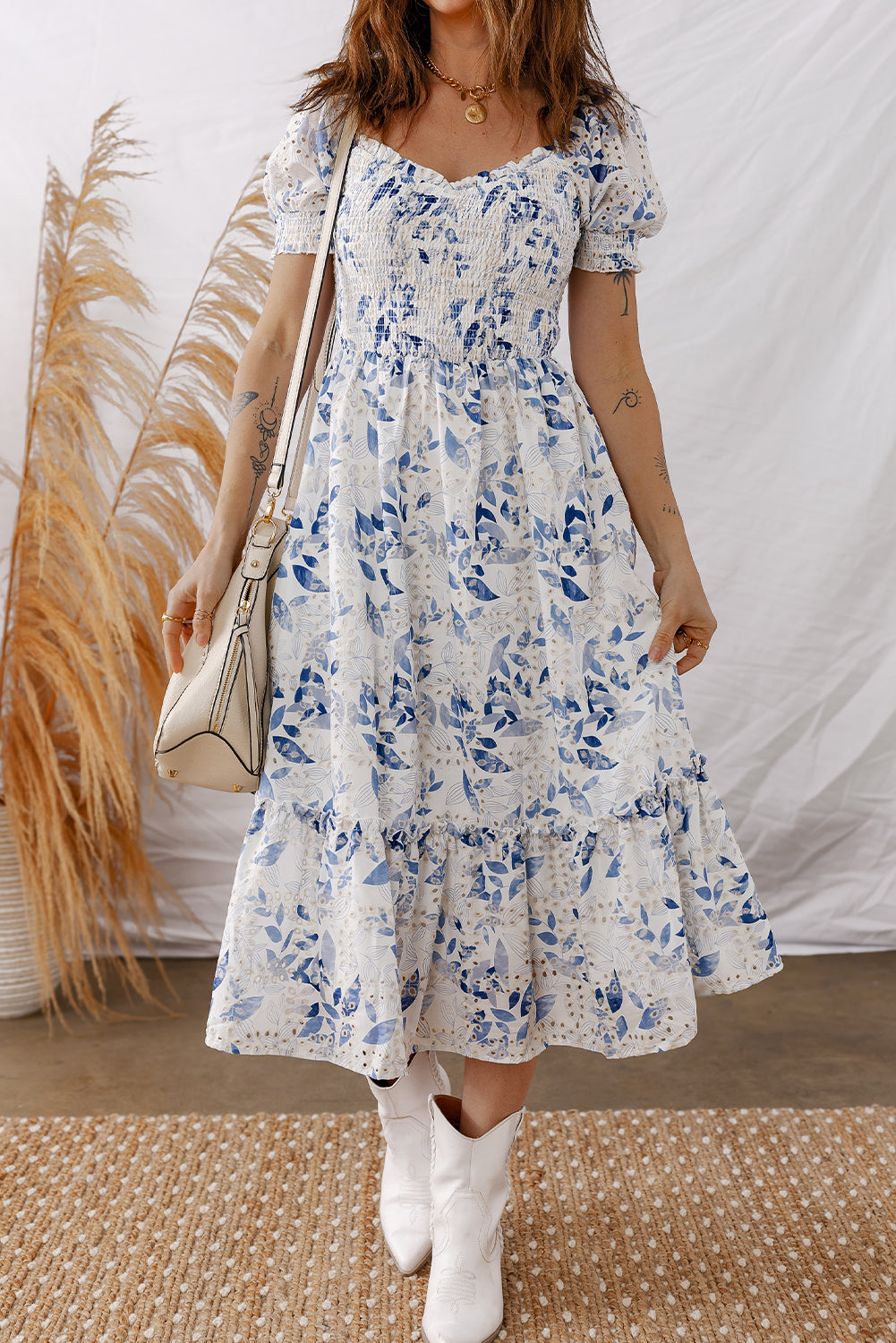Sky Blue Smocked Bodice Short Puff Sleeve Tiered Floral Midi Dress