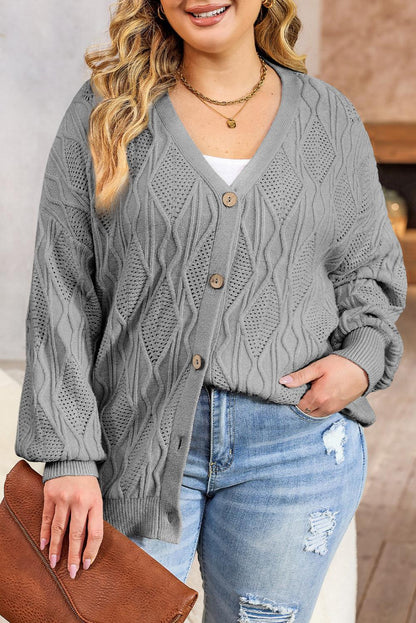 Apricot Plus Size Knitted Hollow out Button up Cardigan - L & M Kee, LLC