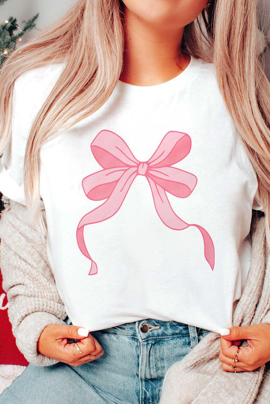 White Flowing Bow Knot Print Round Neck Casual Tee - L & M Kee, LLC