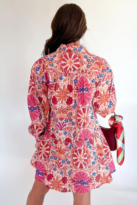 Red Fall Flower Print Long Sleeve Mini Dress