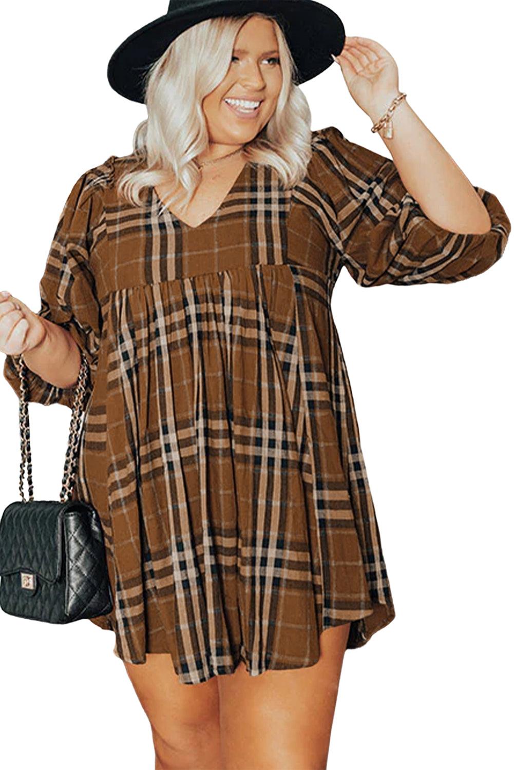 Brown Printed Plaid V Neck Plus Size Babydoll Dress - L & M Kee, LLC