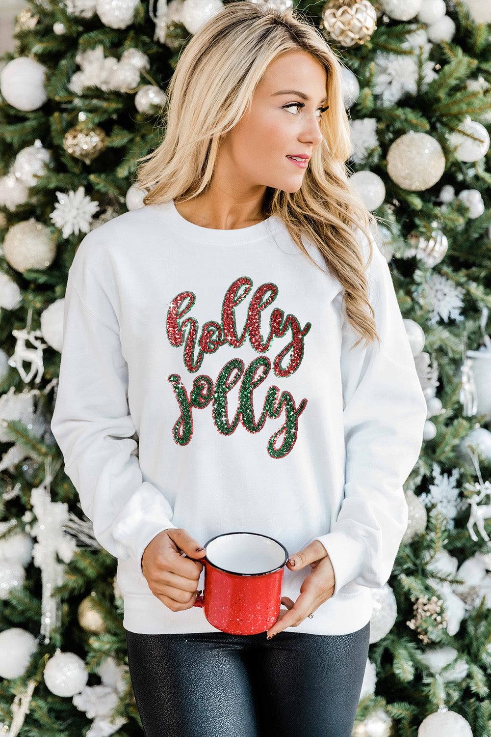 White Sequined holly jolly Graphic Christmas Sweatshirt - L & M Kee, LLC
