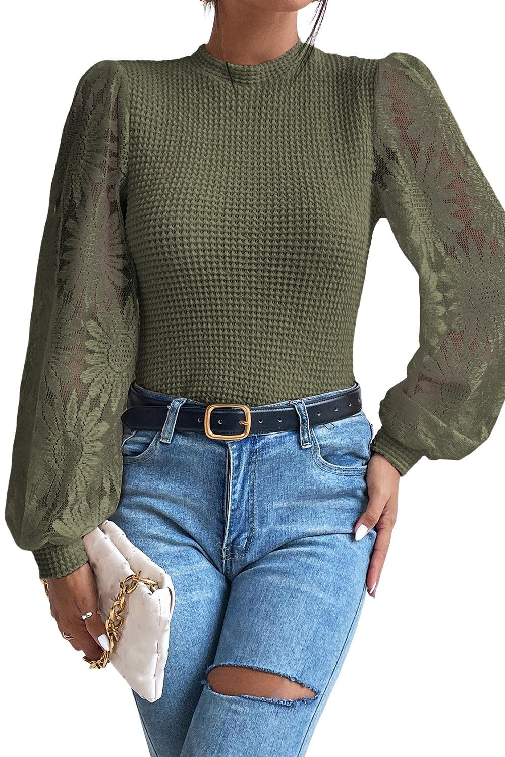 Beige Sunflower Mesh Bubble Sleeve Waffle Knit Top - L & M Kee, LLC