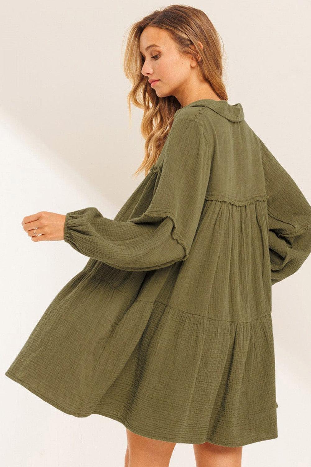 Green Frayed Trim Split Neck Puff Sleeve Flared Dress - L & M Kee, LLC