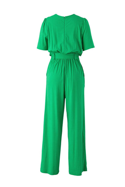 Bright Green Wrap V Neck Belted Elegant Jumpsuit - L & M Kee, LLC