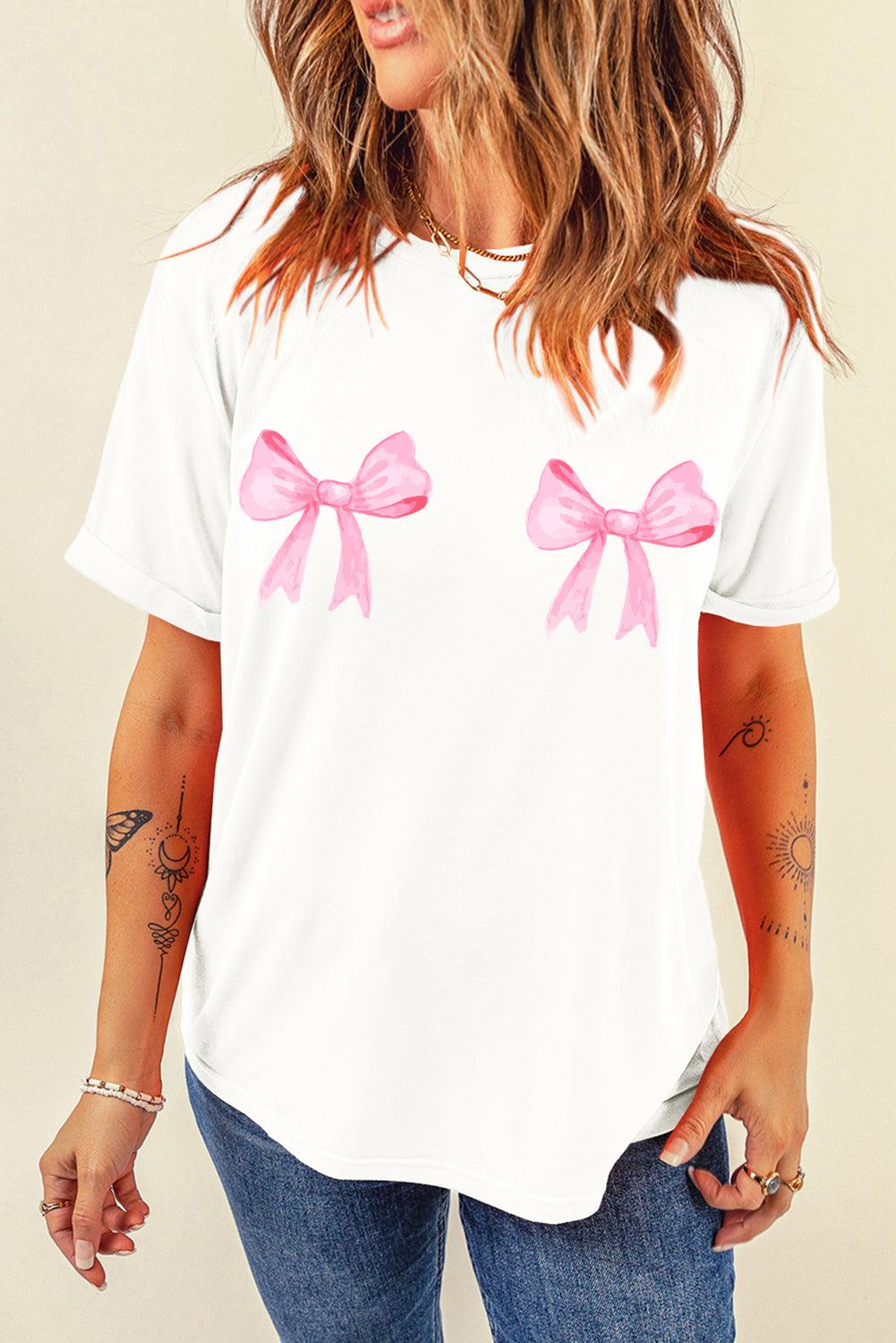 White Sweet Bow Knot Print O Neck Casual T Shirt - L & M Kee, LLC