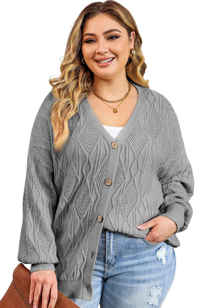 Apricot Plus Size Knitted Hollow out Button up Cardigan - L & M Kee, LLC