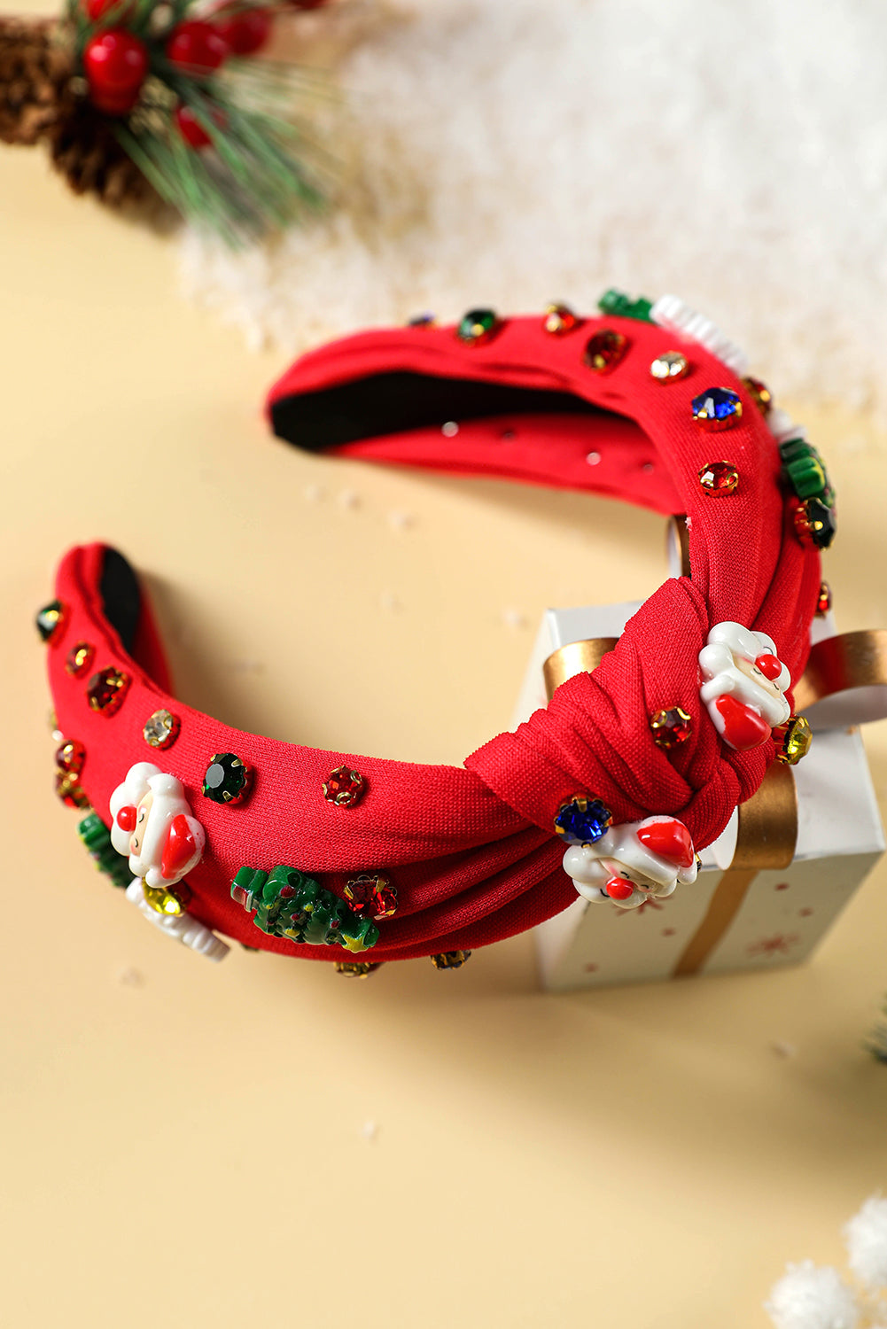 Fiery Red Cartoon Christmas Pattern Rhinestone Knotted Headband