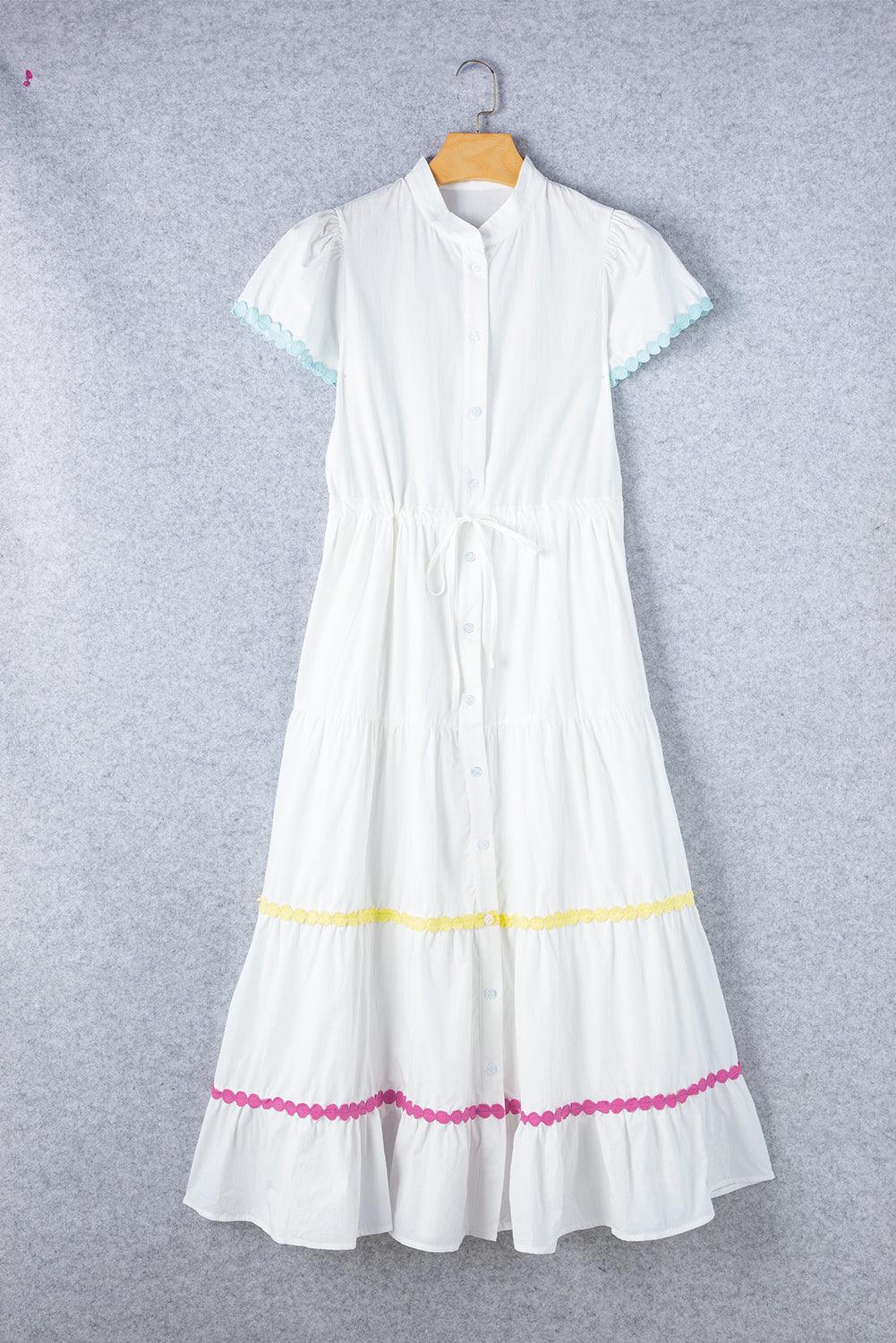 White Colorblock Rickrack Trim Short Sleeve Drawstring Waist Long Dress - L & M Kee, LLC