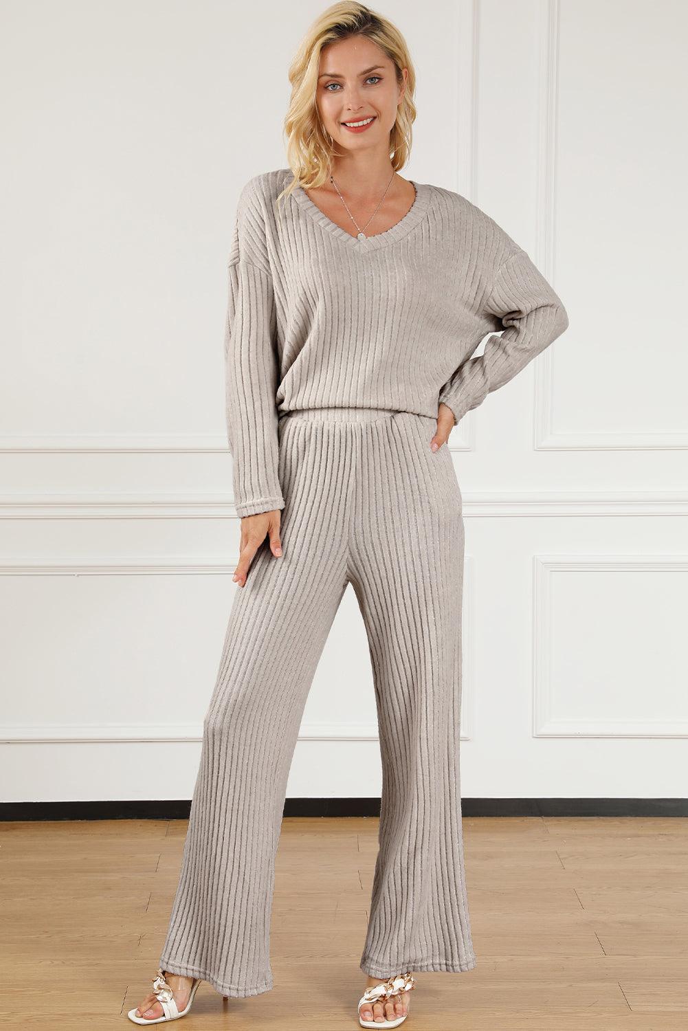 Khaki Ribbed Knit Bell Sleeve Crop Top Drawstring Pants Set - L & M Kee, LLC