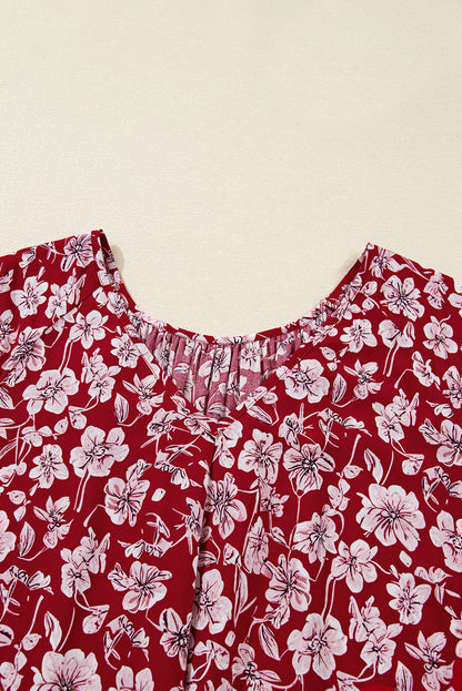 Purple Plus Floral Balloon Sleeve V Neck Relaxed Dress