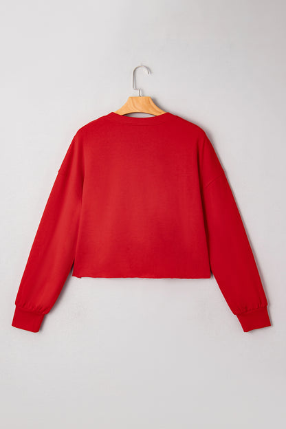 Tomato Red Christmas Tree Embroidered Notched Neck Cropped Sweatshirt