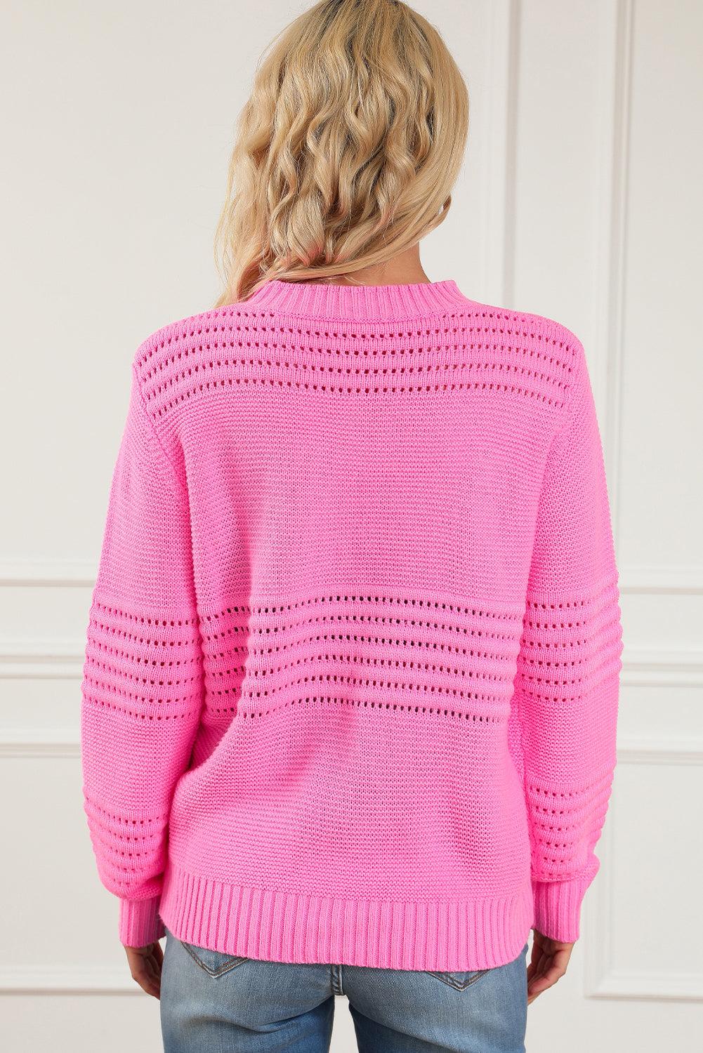 Pink Solid Color Cable Knit Eyelets Mock Neck Sweater - L & M Kee, LLC