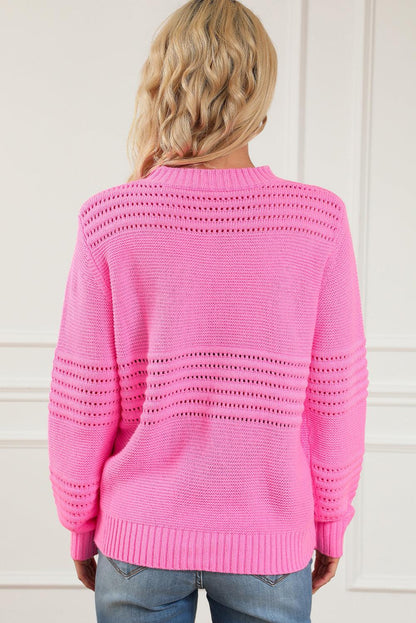 Pink Solid Color Cable Knit Eyelets Mock Neck Sweater - L & M Kee, LLC