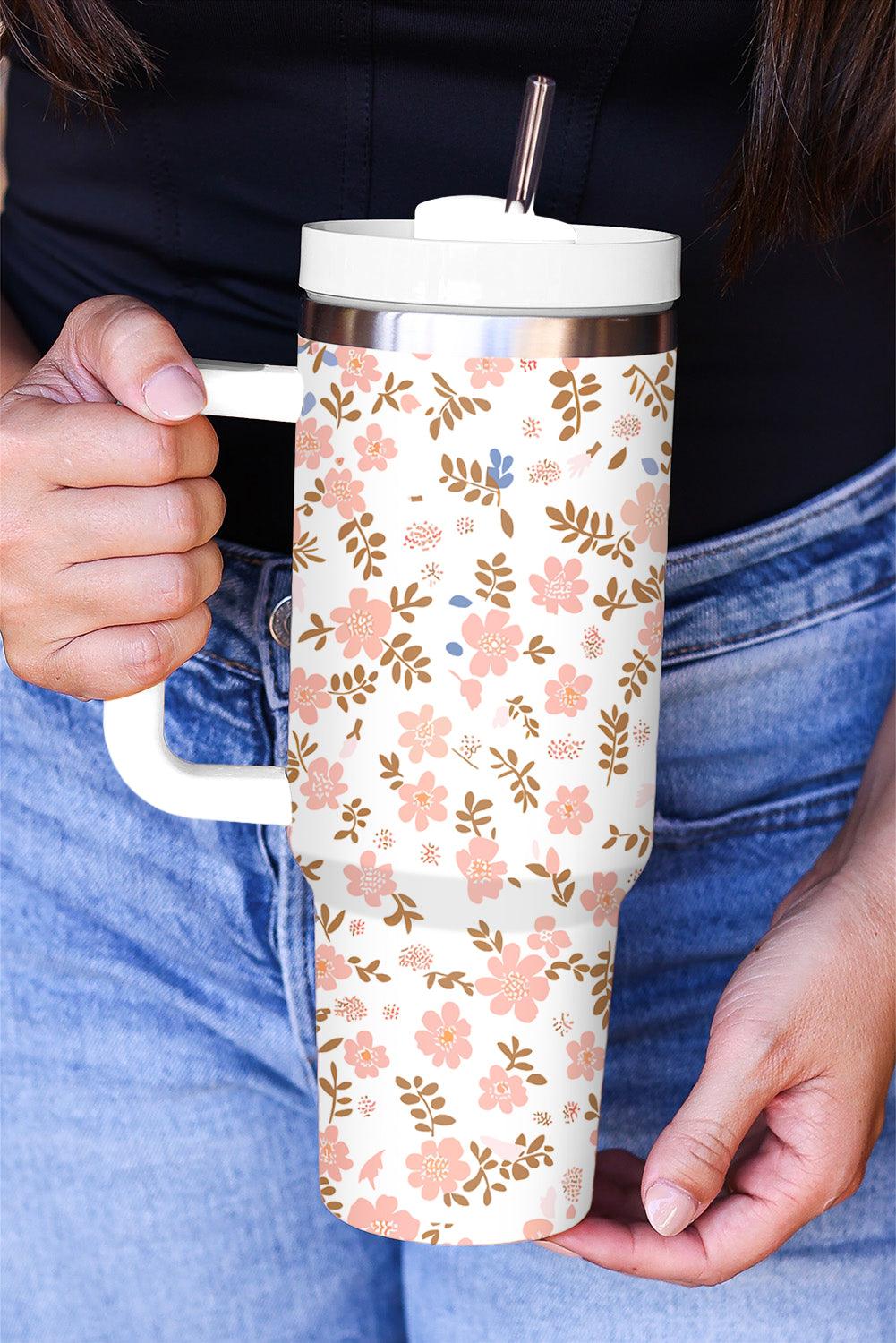 White Cute Flower Print Large Stainless Steel Tumbler 40oz - L & M Kee, LLC