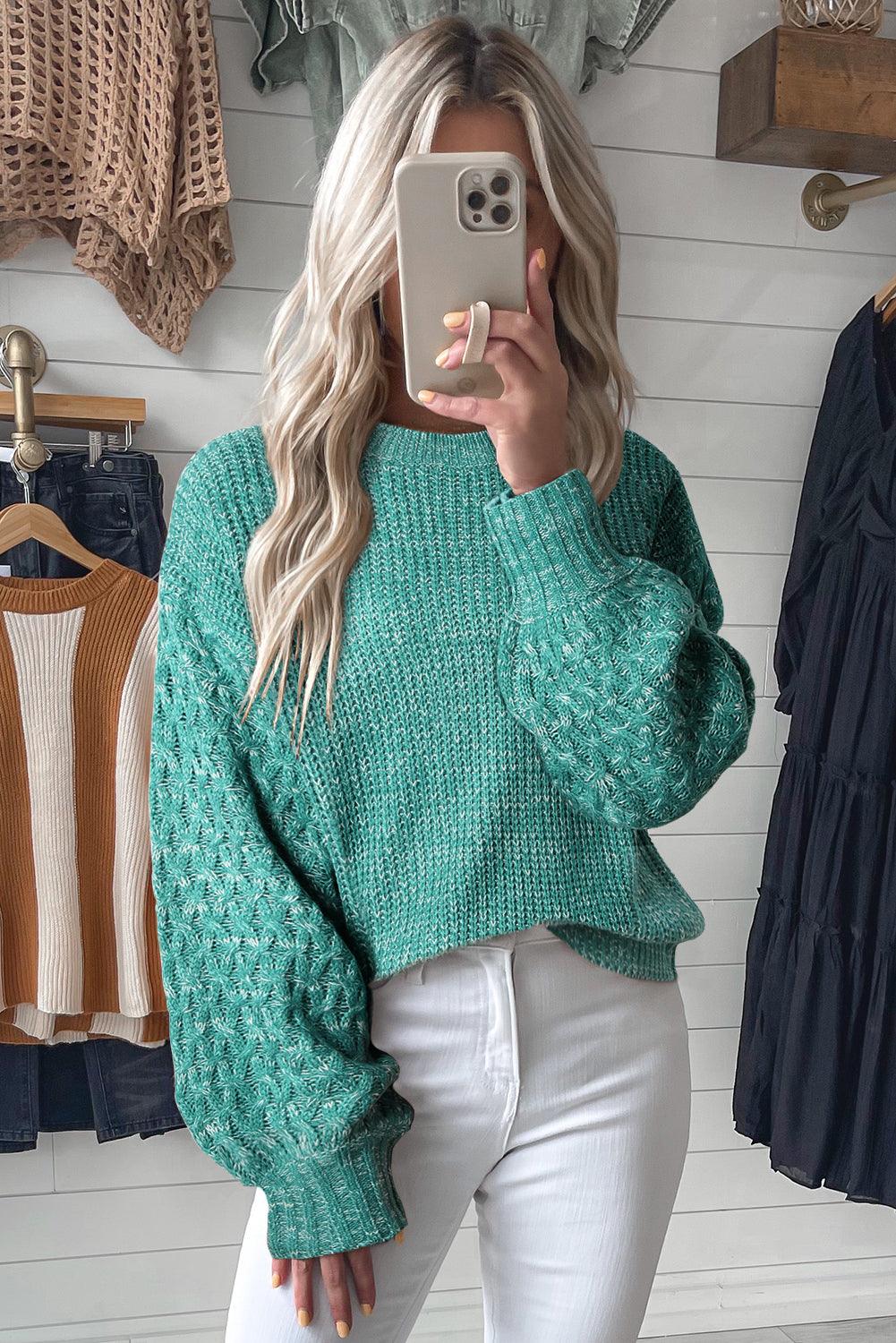 Sea Green Cable Knit Sleeve Drop Shoulder Sweater - L & M Kee, LLC