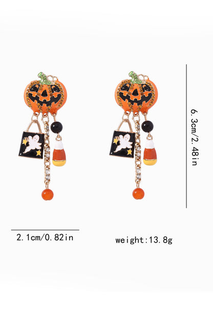 Orange Halloween Rhinestone Pumpkin Ghost Tassel Earrings