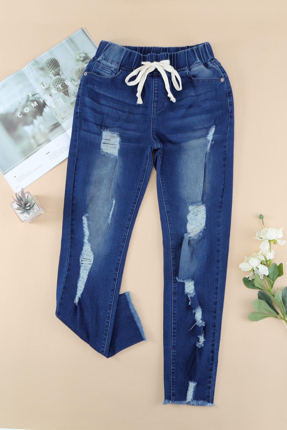 Blank Apparel - Blue Drawstring Elastic Waist Hole Ripped Jeans - L & M Kee, LLC