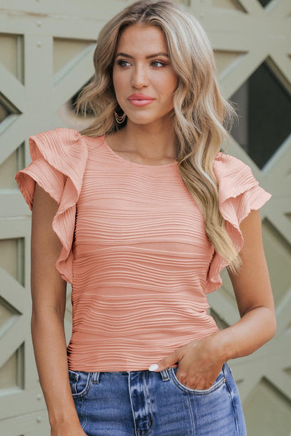 Apricot Pink Wavy Textured Ruffle Sleeve Top - L & M Kee, LLC