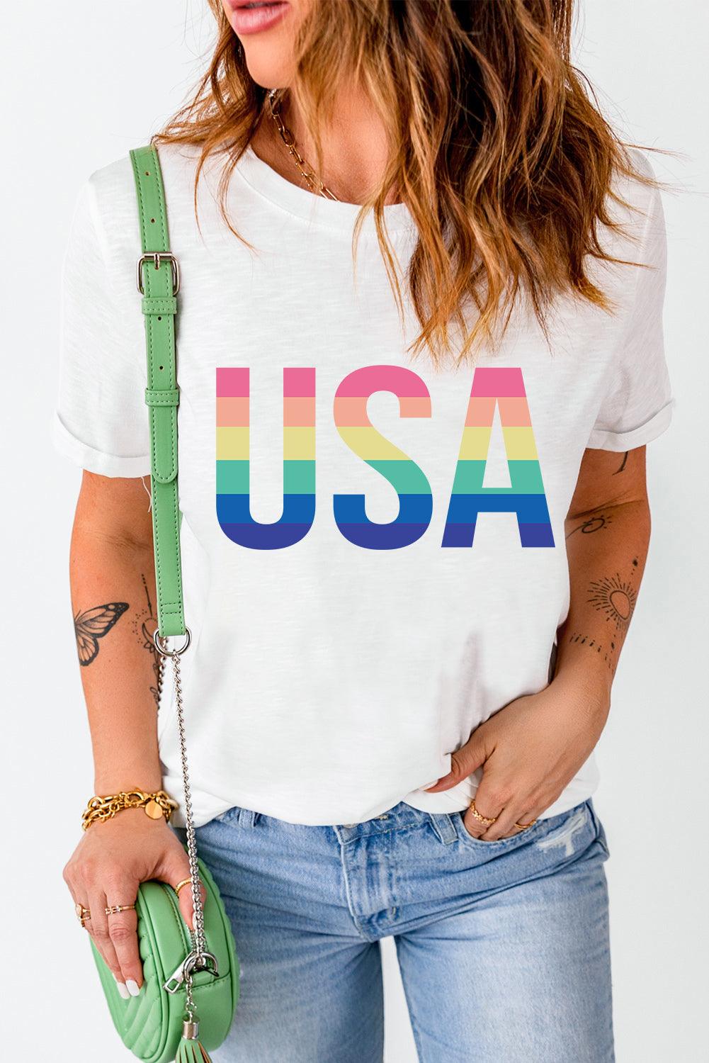 White Colorful USA Print Crewneck Casual T Shirt - L & M Kee, LLC