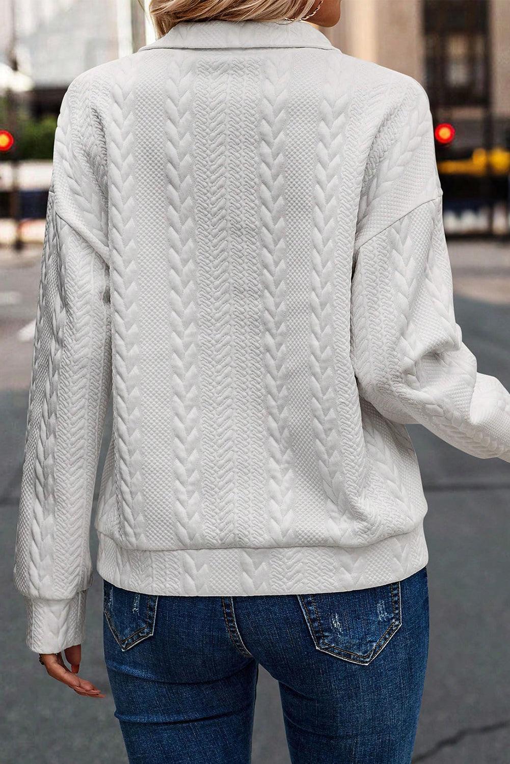 White Zip up Cable Textured Sweatshirt - L & M Kee, LLC