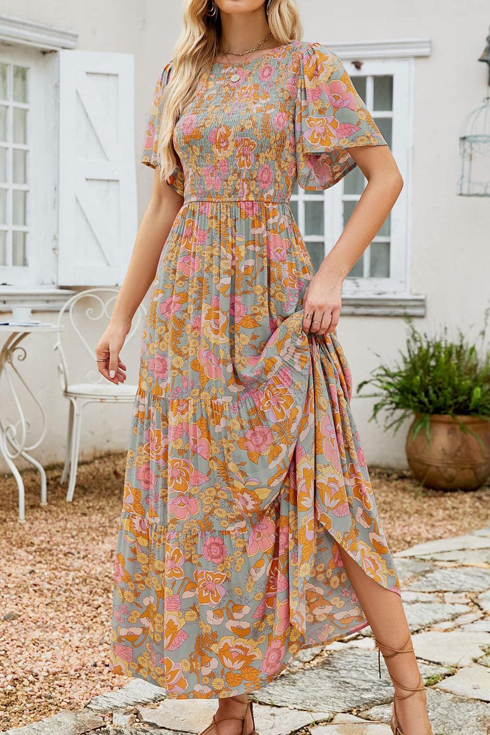 Boho Wide Sleeve Smocked Waist Floral Dress - L & M Kee, LLC