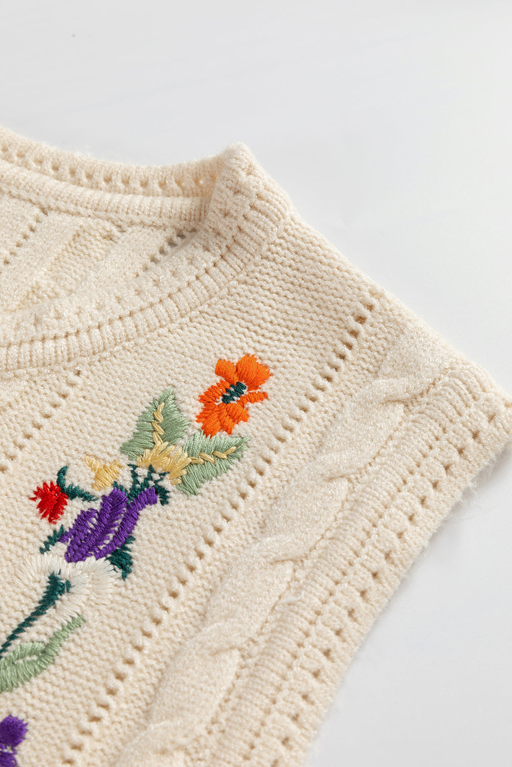 Jet Stream Embroidered Floral Cable Knit Sweater Vest