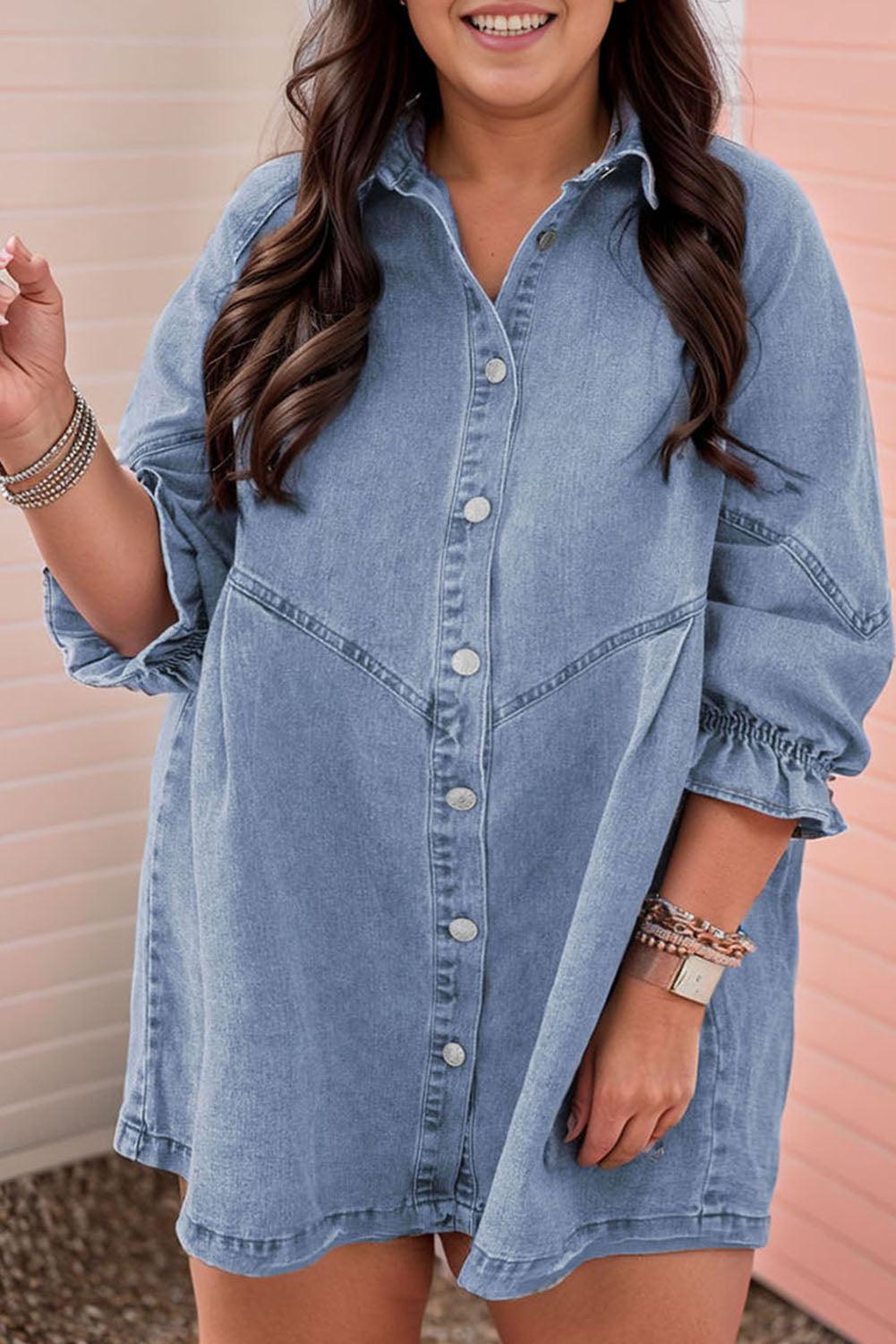 Light Blue Ruffled 3/4 Sleeve Buttoned Front Plus Size Denim Dress - L & M Kee, LLC