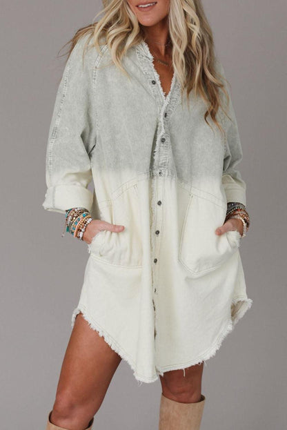 Gray Gradient Long Sleeve Button Up Raw Hem Denim Dress - L & M Kee, LLC